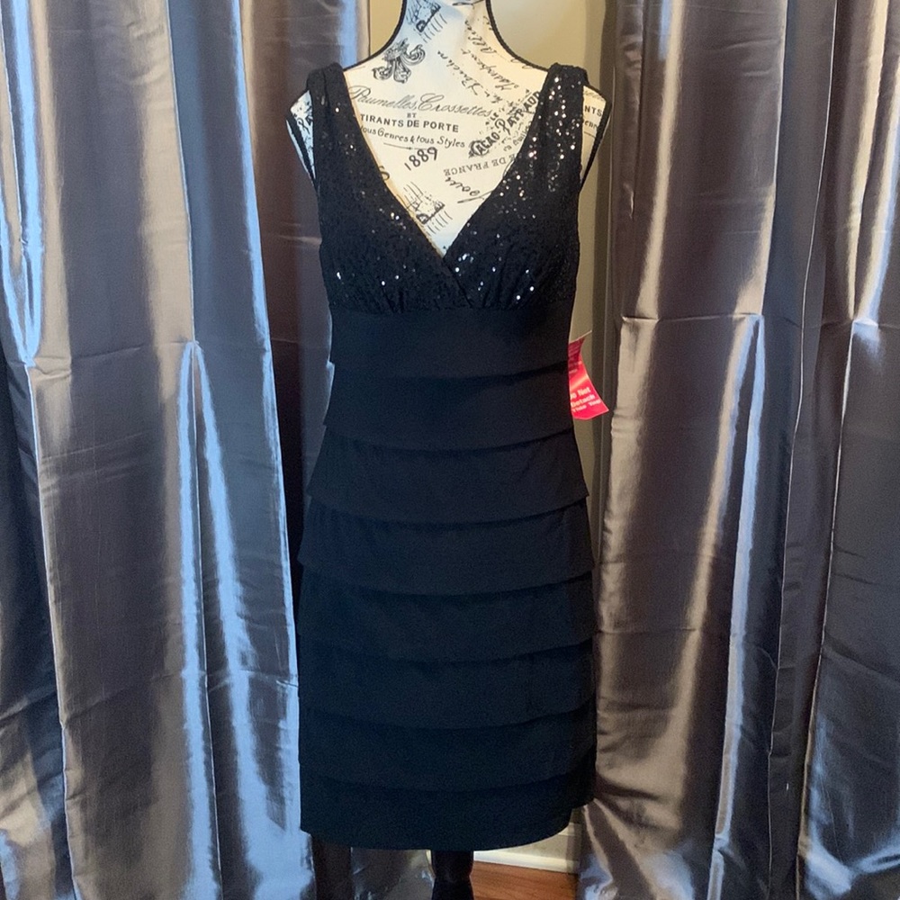 B. Smart 10 Sequined and Layered Little Black Dress
